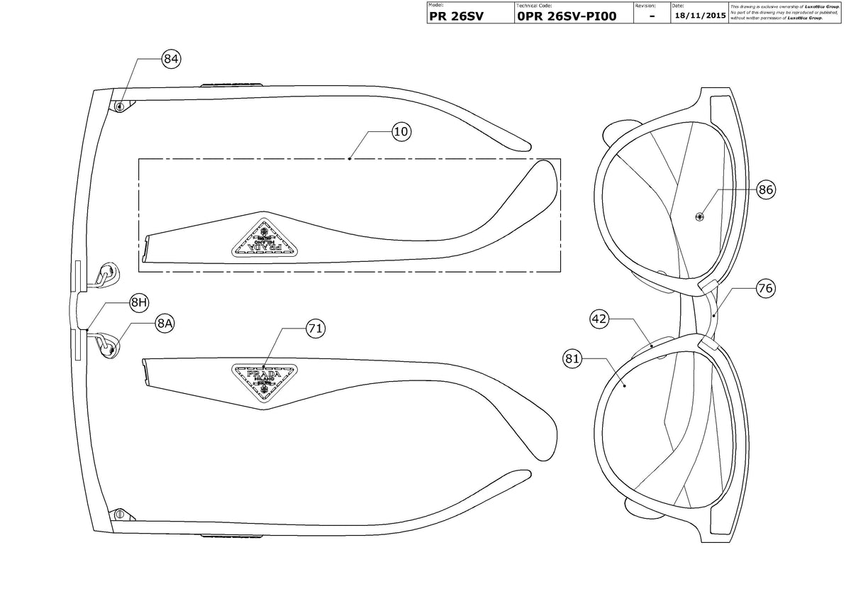 Enlarged technical drawing of the Prada PR 26SV Glasses Replacement Parts