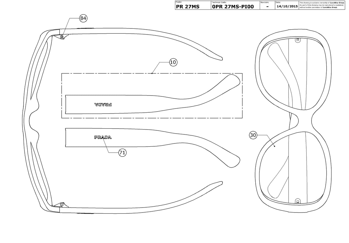 Exploded technical drawing of the Prada PR 27MS Replacement Parts, with each replacement part numbered