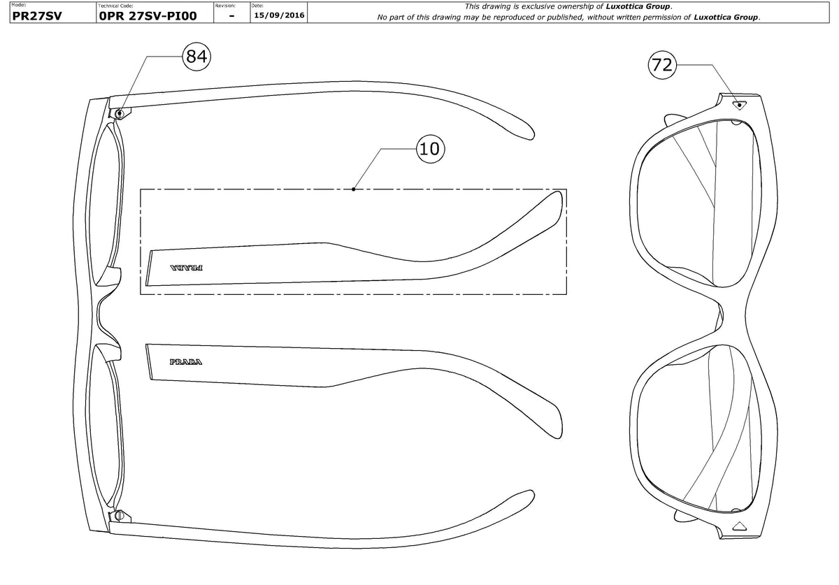 Enlarged technical drawing of the Prada PR 27SV Glasses Replacement Parts