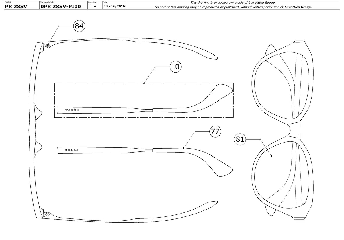 Enlarged technical drawing of the Prada PR 28SV Glasses Replacement Parts