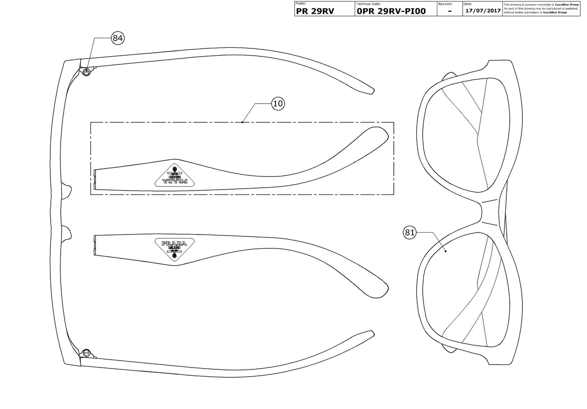 Exploded technical drawing of the Prada PR 29RV Glasses Replacement Parts, with each replacement part numbered