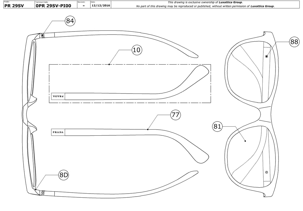 Exploded technical drawing of the Prada PR 29SV Glasses Replacement Parts, with each replacement part numbered