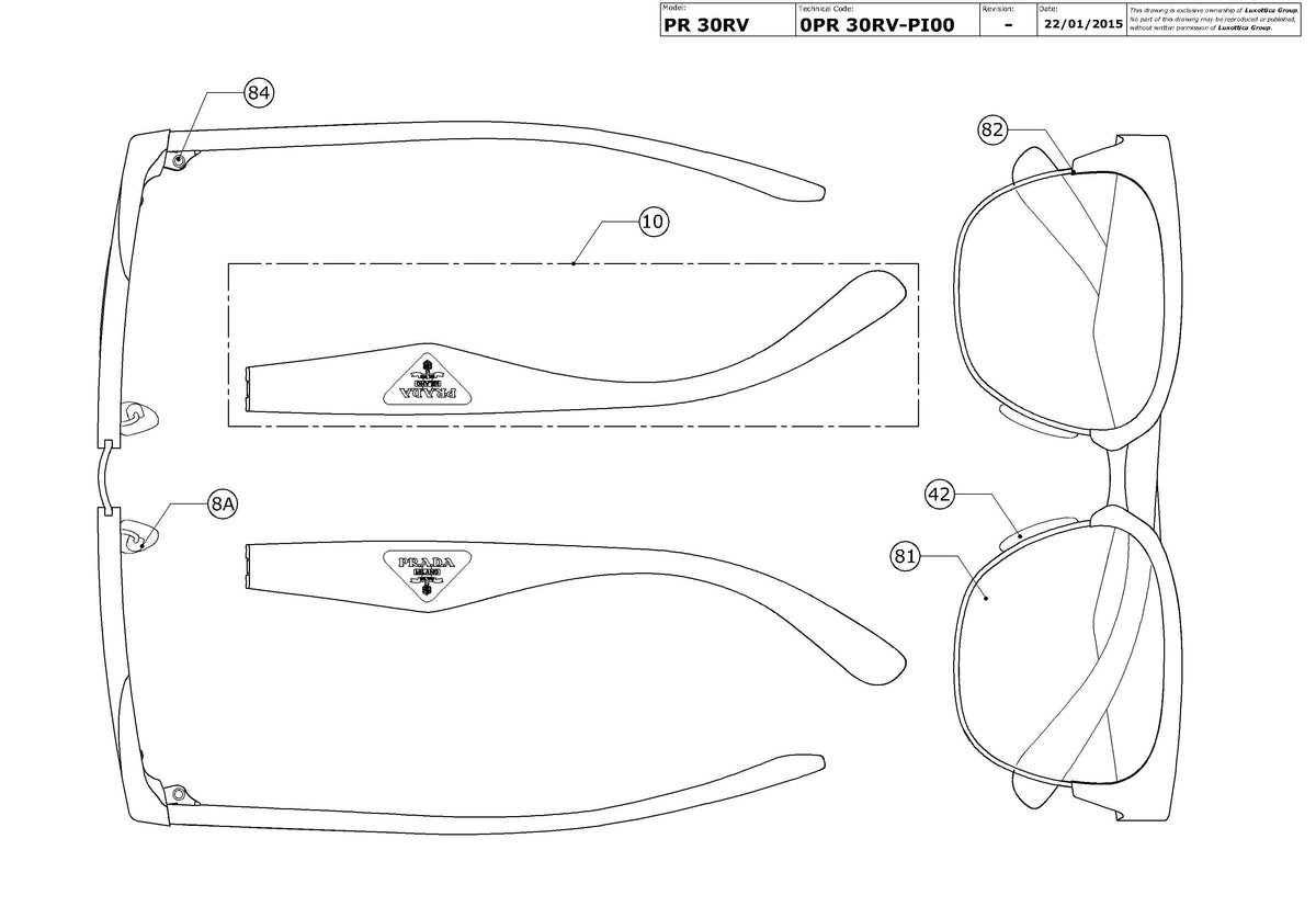 Exploded technical drawing of the Prada PR 30RV Glasses Replacement Parts, with each replacement part numbered