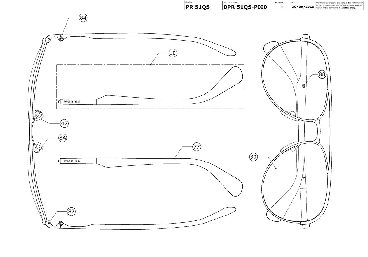 Exploded technical drawing of the Prada PR 51QS Replacement Parts, with each replacement part numbered
