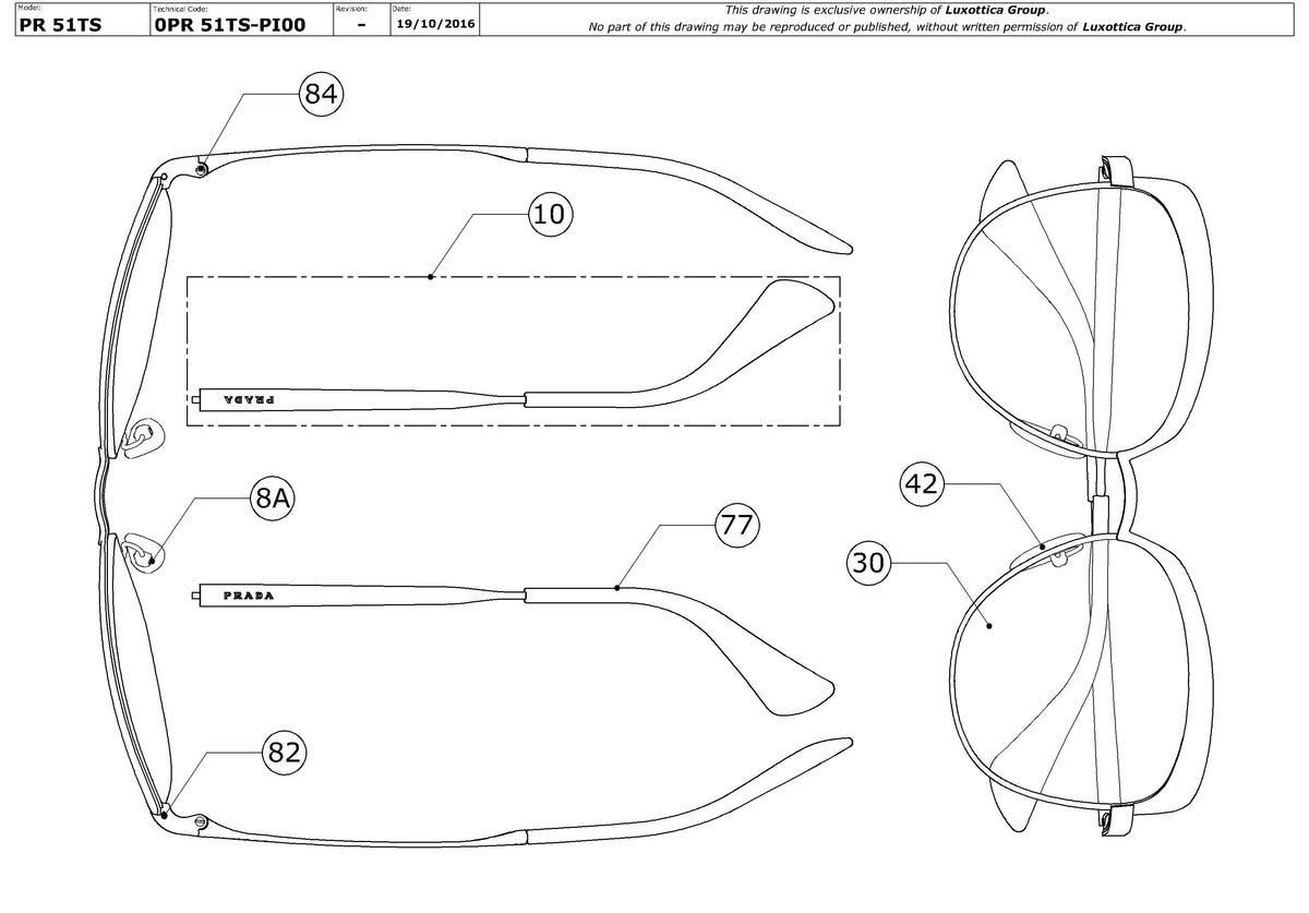 Enlarged technical drawing of the Prada PR 51TS Replacement Parts