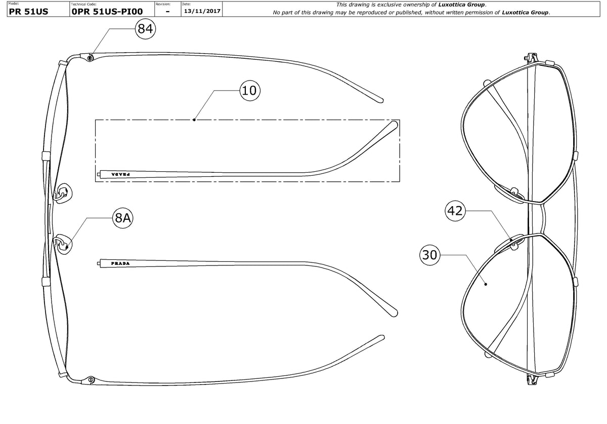 Exploded technical drawing of the Prada PR 51US Replacement Parts, with each replacement part numbered