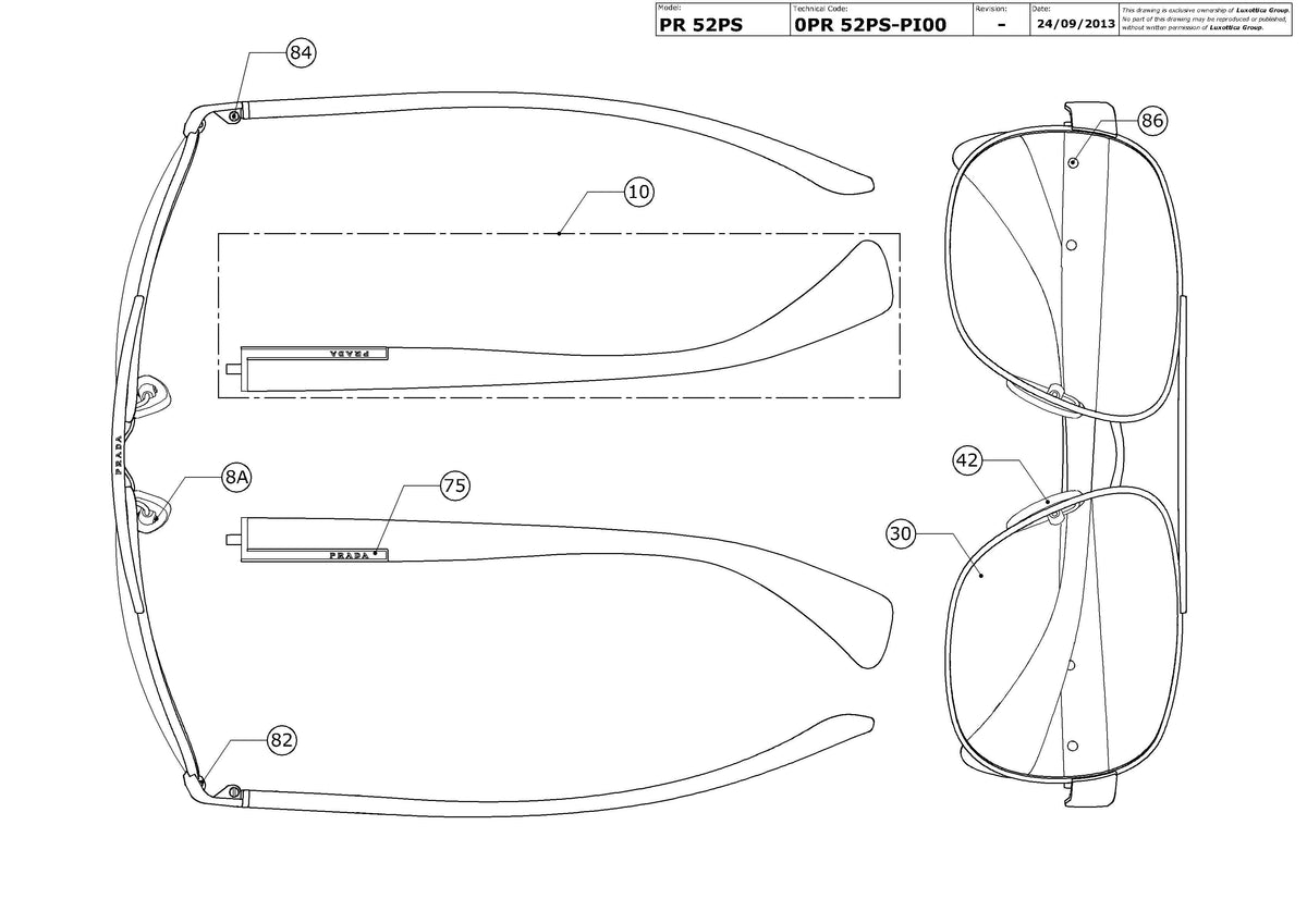 Enlarged technical drawing of the Prada PR 52PS Replacement Parts