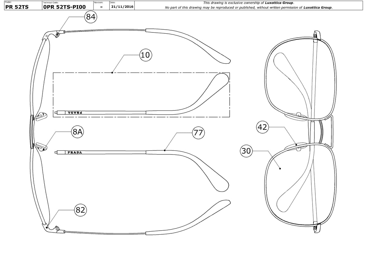 Exploded technical drawing of the Prada PR 52TS Replacement Parts, with each replacement part numbered