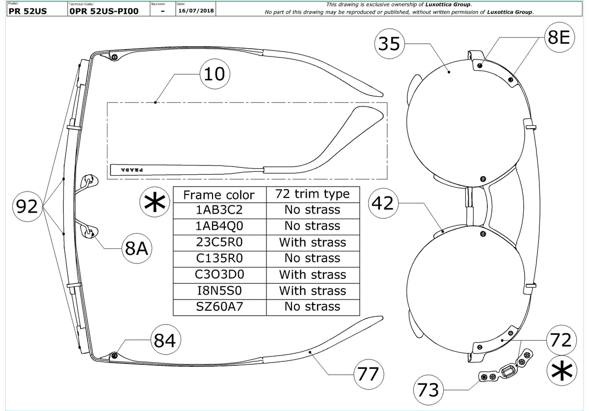 Exploded technical drawing of the Prada PR 52US Replacement Parts, with each replacement part numbered