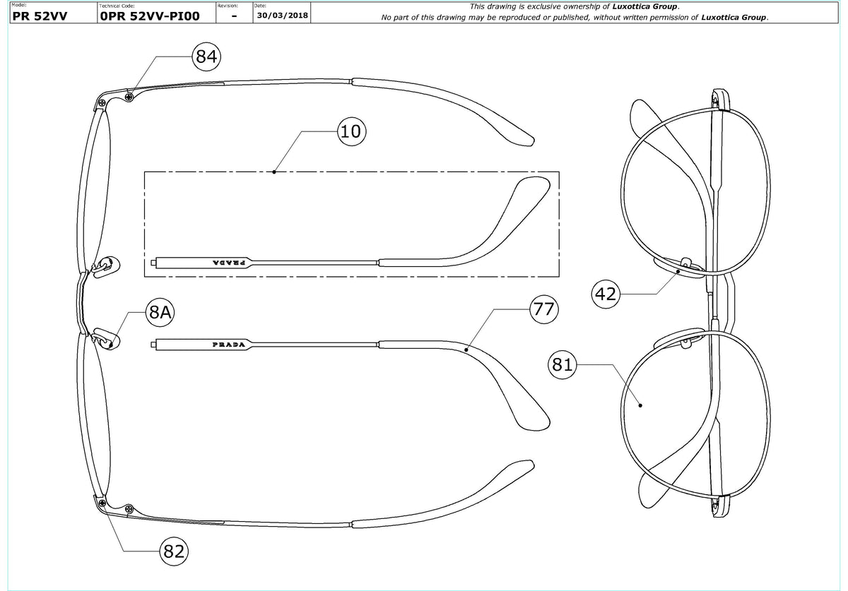 Enlarged technical drawing of the Prada PR 52VV Glasses Replacement Parts