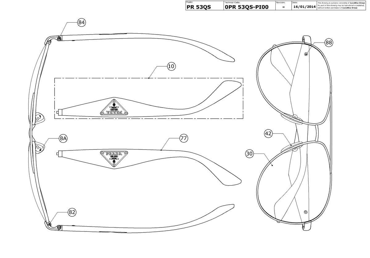 Exploded technical drawing of the Prada PR 53QS Replacement Parts, with each replacement part numbered