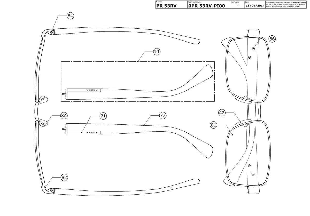 Enlarged technical drawing of the Prada PR 53RV Glasses Replacement Parts