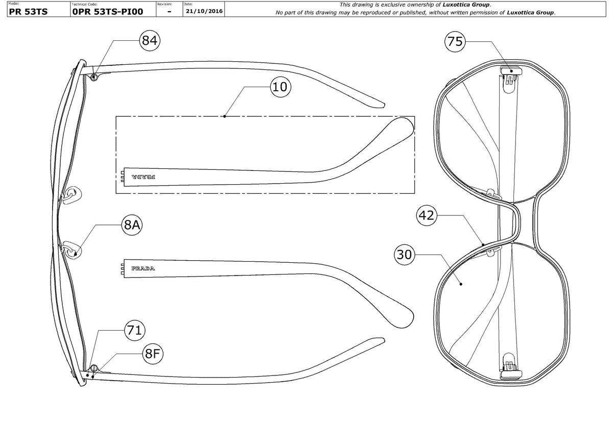Exploded technical drawing of the Prada PR 53TS Replacement Parts, with each replacement part numbered