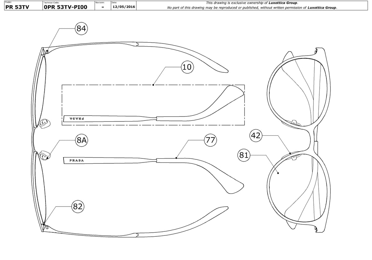 Enlarged technical drawing of the Prada PR 53TV Glasses Replacement Parts