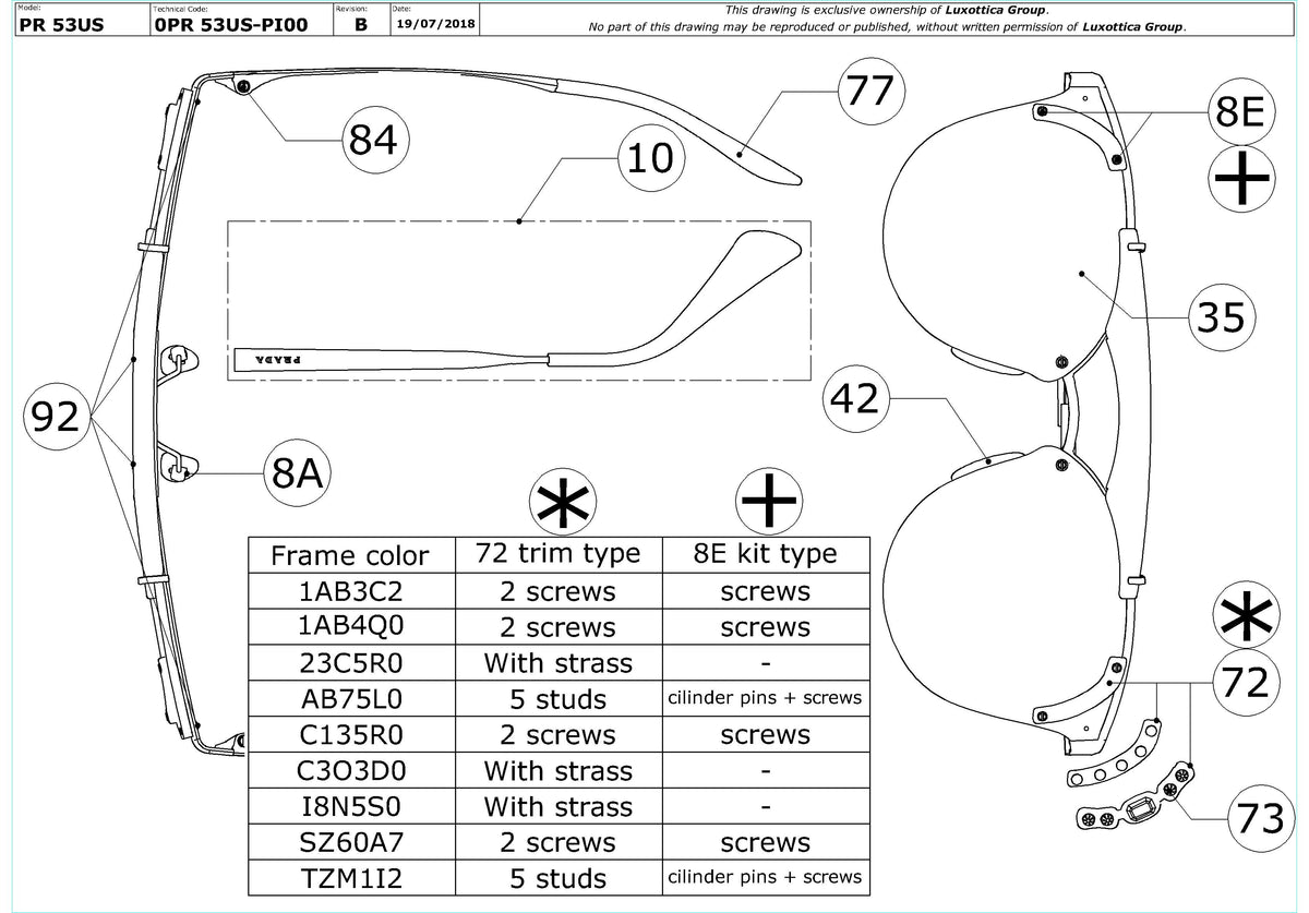 Exploded technical drawing of the Prada PR 53US Replacement Parts, with each replacement part numbered