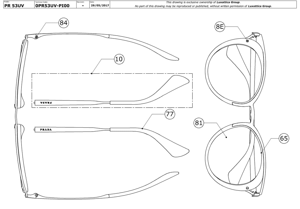 Enlarged technical drawing of the Prada PR 53UV Glasses Replacement Parts