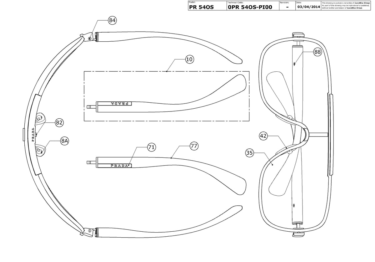 Exploded technical drawing of the Prada PR 54OS Replacement Parts, with each replacement part numbered