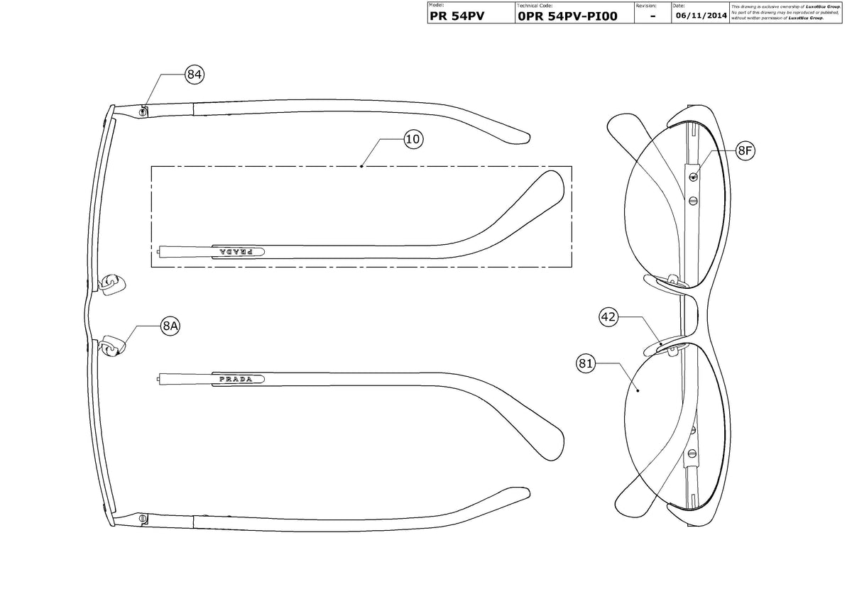 Enlarged technical drawing of the Prada PR 54PV Glasses Replacement Parts