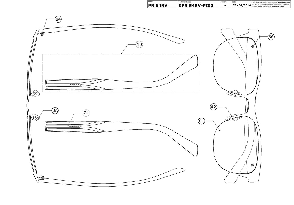 Enlarged technical drawing of the Prada PR 54RV Glasses Replacement Parts