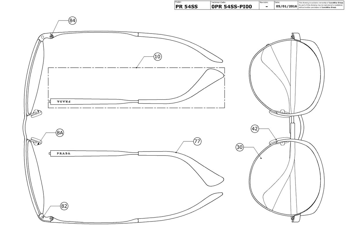 Exploded technical drawing of the Prada PR 54SS Replacement Parts, with each replacement part numbered
