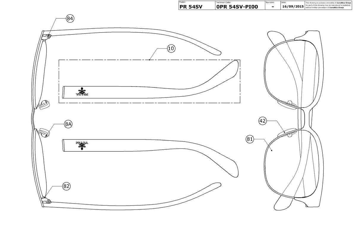 Enlarged technical drawing of the Prada PR 54SV Glasses Replacement Parts