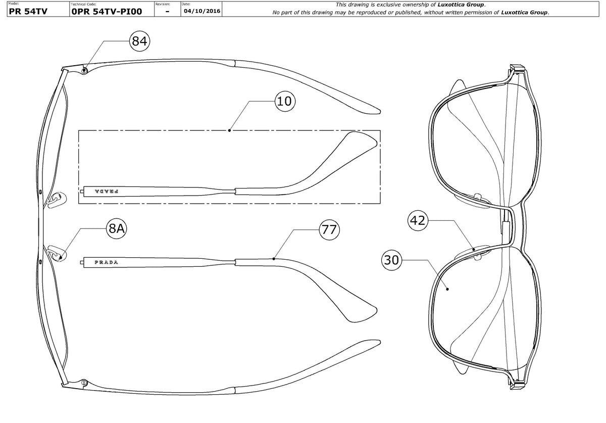 Enlarged technical drawing of the Prada PR 54TS Replacement Parts