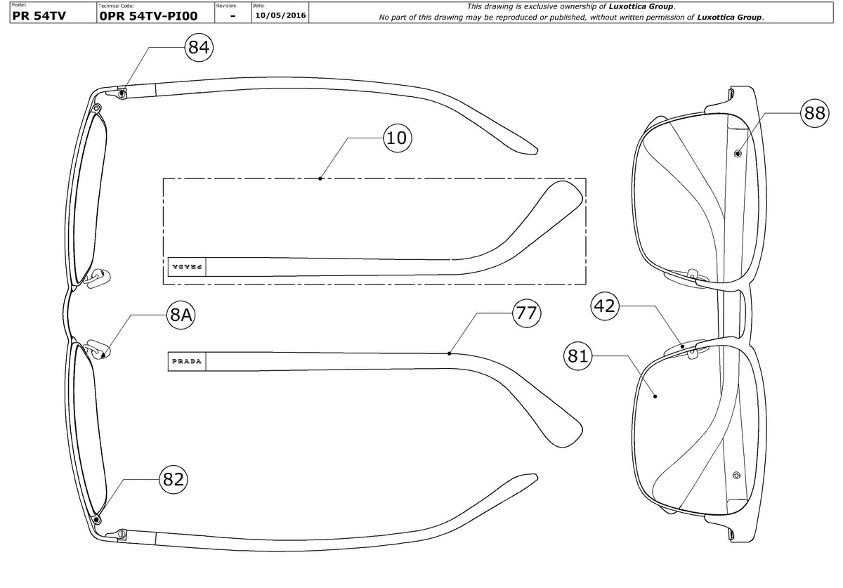 Enlarged technical drawing of the Prada PR 54TV Glasses Replacement Parts
