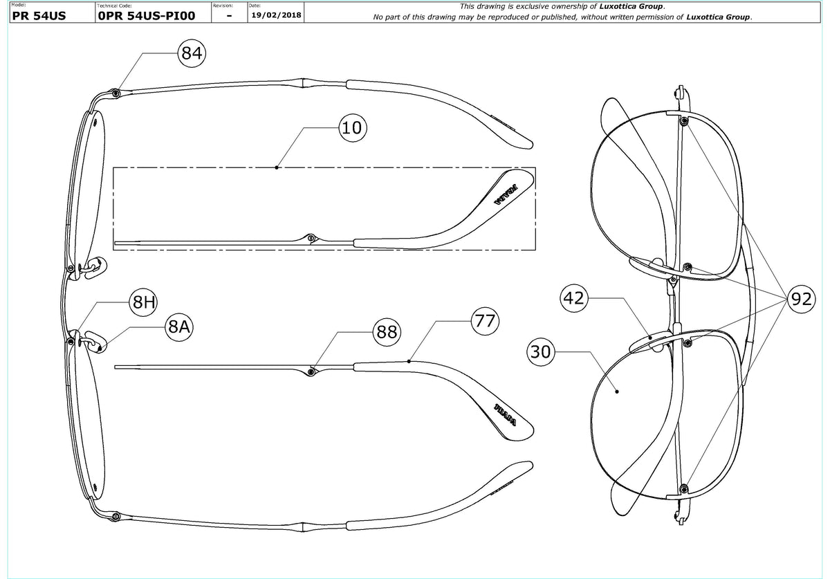 Exploded technical drawing of the Prada PR 54US Replacement Parts, with each replacement part numbered