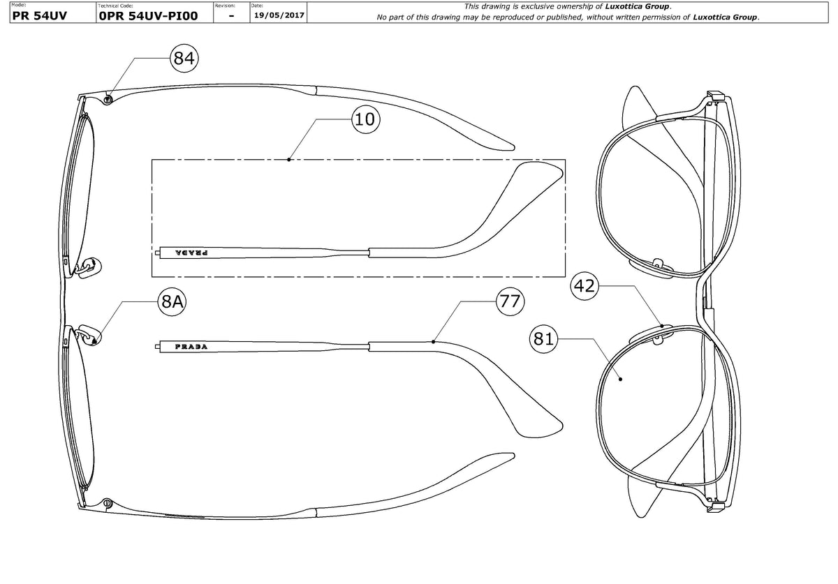 Enlarged technical drawing of the Prada PR 54UV Glasses Replacement Parts