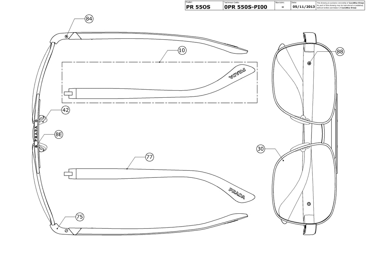 Enlarged technical drawing of the Prada PR 55OS Replacement Parts