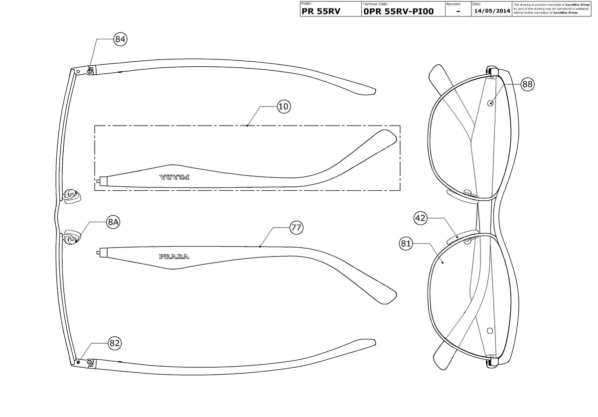 Enlarged technical drawing of the Prada PR 55RV Glasses Replacement Parts
