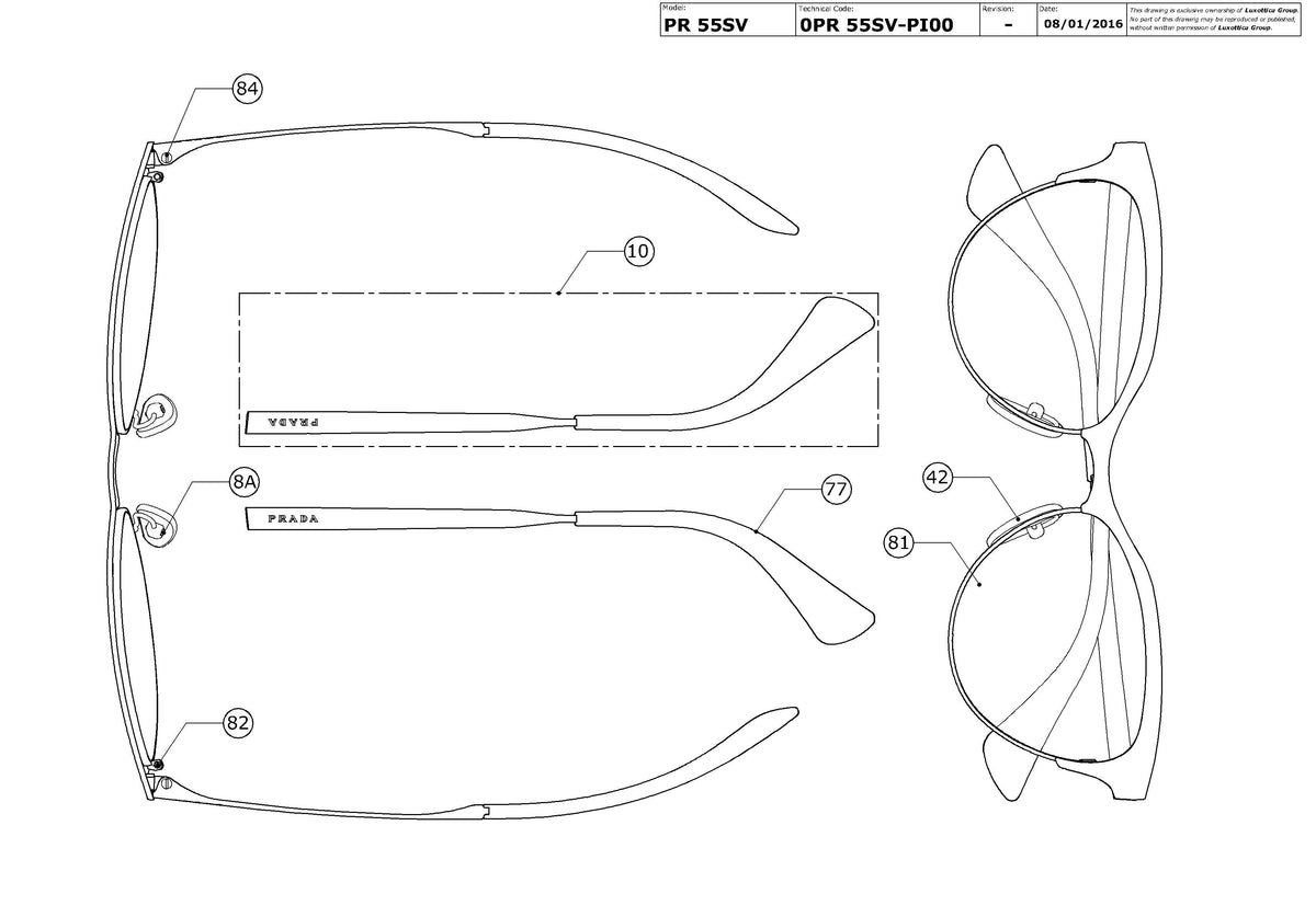 Exploded technical drawing of the Prada PR 55SV Glasses Replacement Parts, with each replacement part numbered