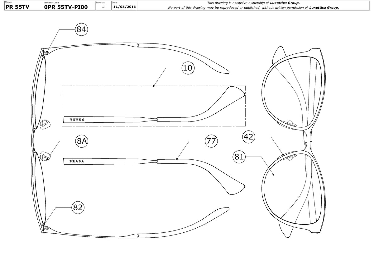 Exploded technical drawing of the Prada PR 55TV Glasses Replacement Parts, with each replacement part numbered