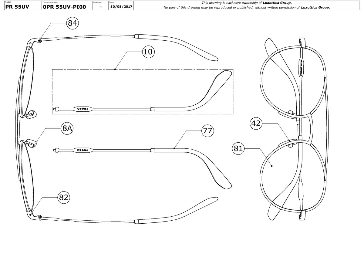 Exploded technical drawing of the Prada PR 55UV Glasses Replacement Parts, with each replacement part numbered