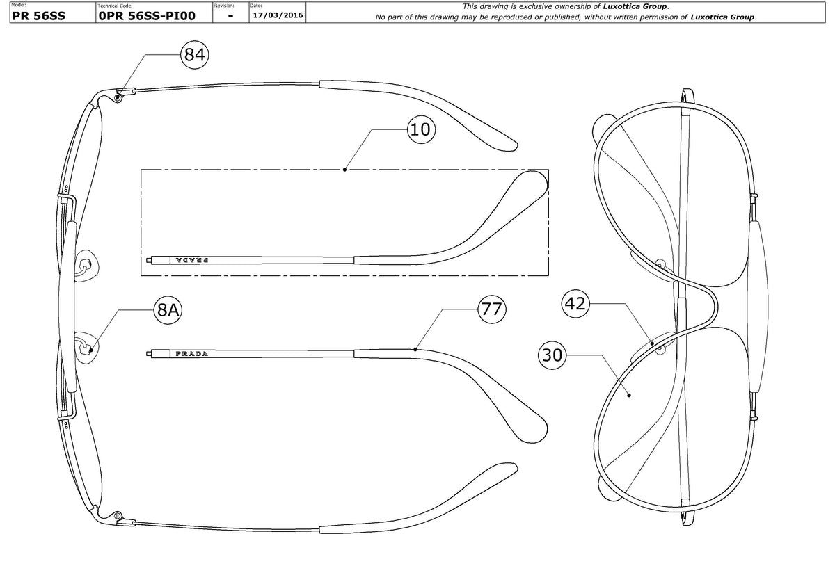 Exploded technical drawing of the Prada PR 56SS Replacement Parts, with each replacement part numbered