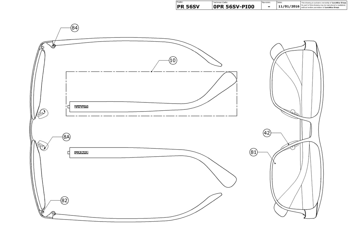 Exploded technical drawing of the Prada PR 56SV Glasses Replacement Parts, with each replacement part numbered