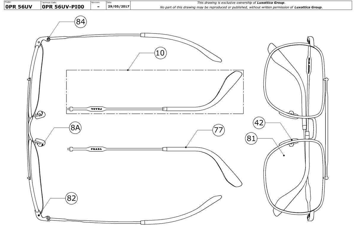 Enlarged technical drawing of the Prada PR 56UV Glasses Replacement Parts