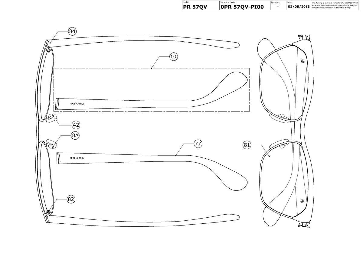 Exploded technical drawing of the Prada PR 57QV Glasses Replacement Parts, with each replacement part numbered