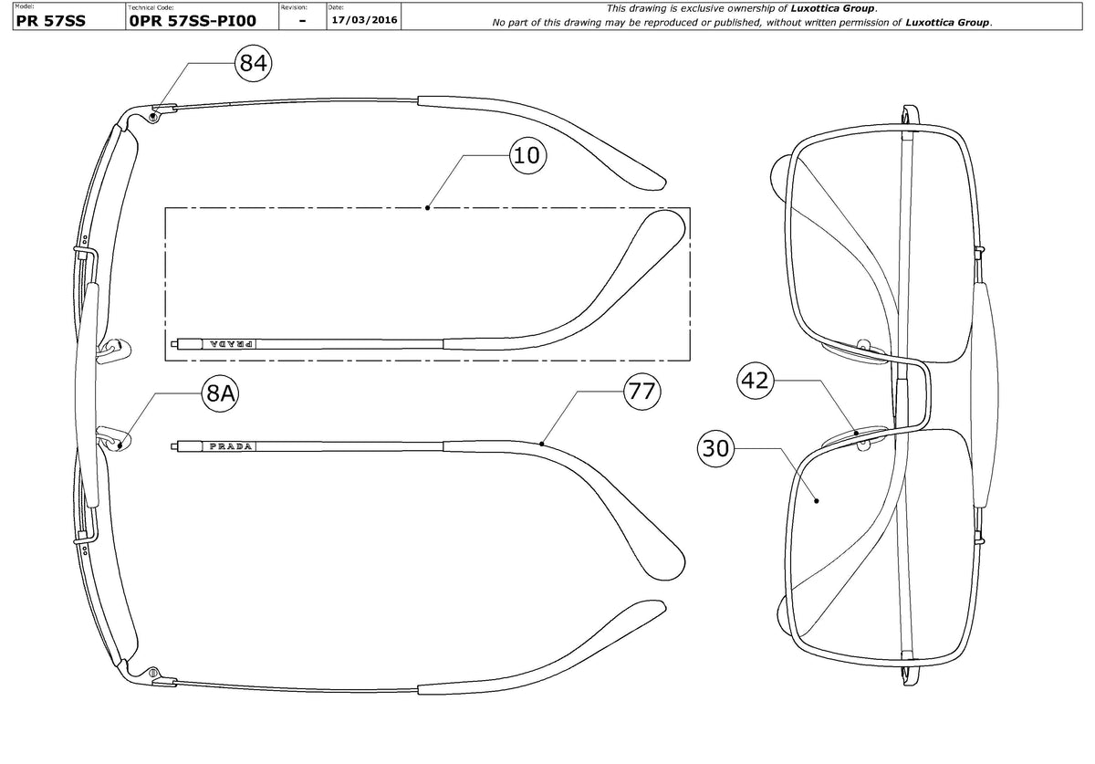 Exploded technical drawing of the Prada PR 57SS Replacement Parts, with each replacement part numbered