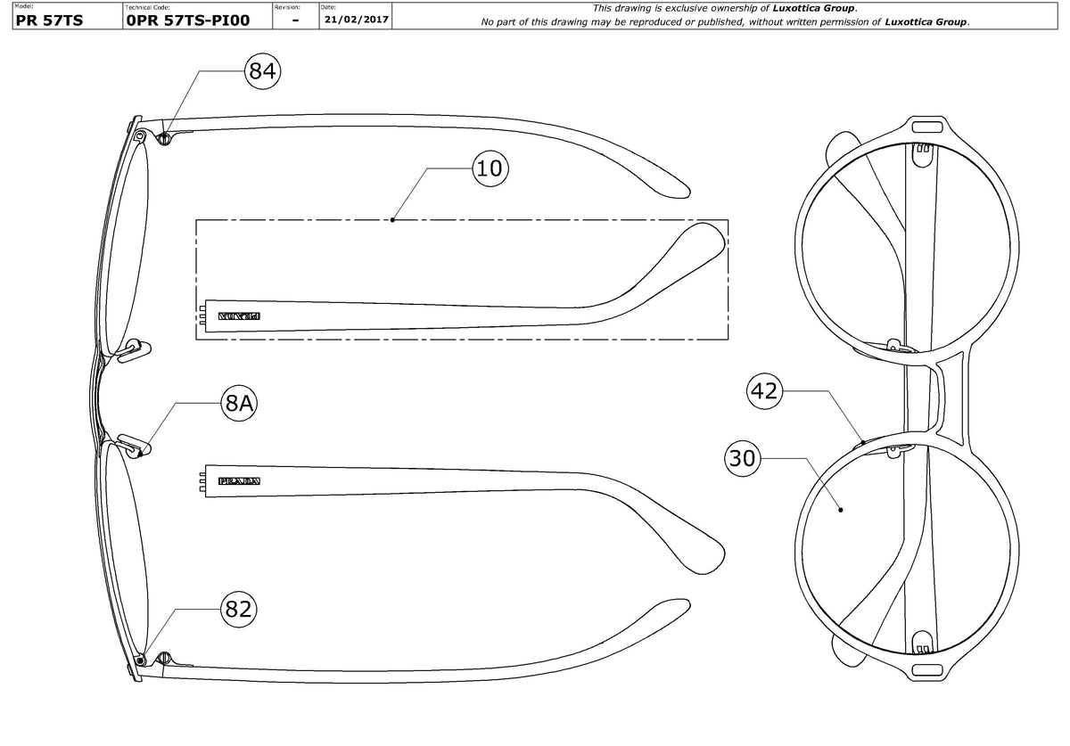 Exploded technical drawing of the Prada PR 57TS Replacement Parts, with each replacement part numbered