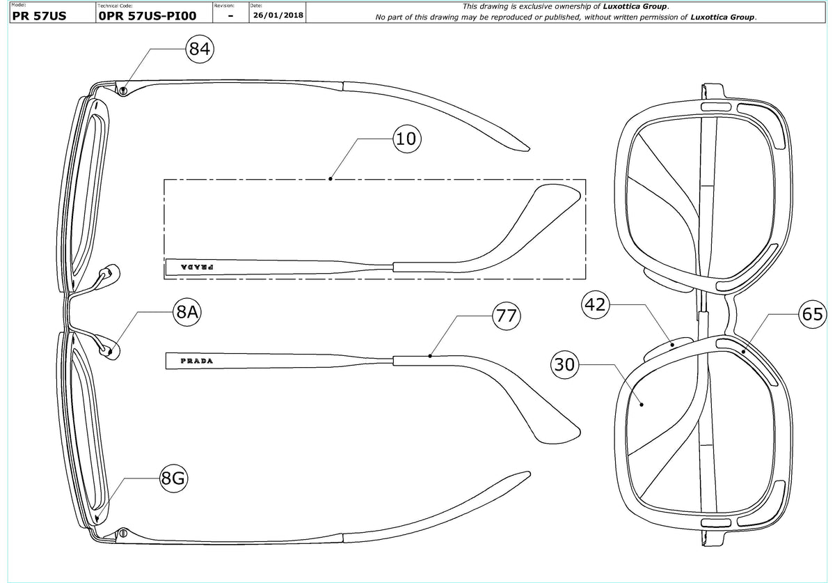 Exploded technical drawing of the Prada PR 57US Replacement Parts, with each replacement part numbered