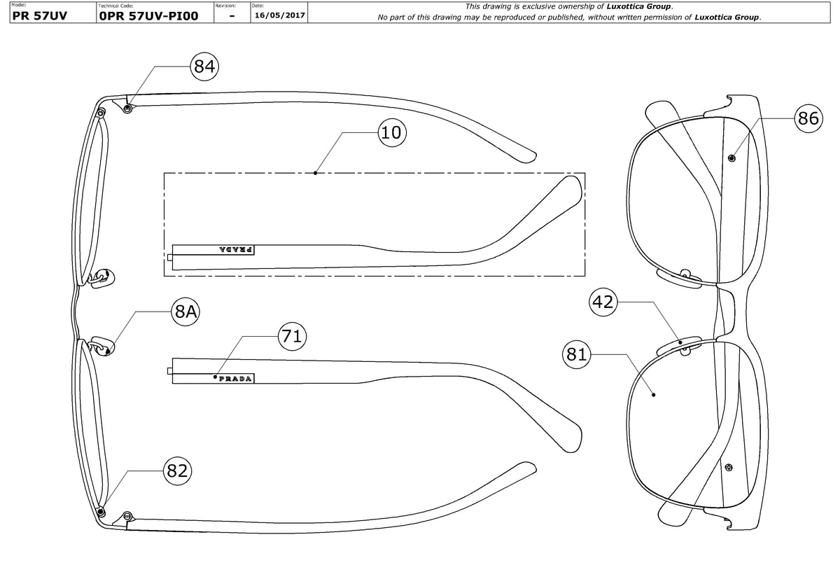 Enlarged technical drawing of the Prada PR 57UV Glasses Replacement Parts