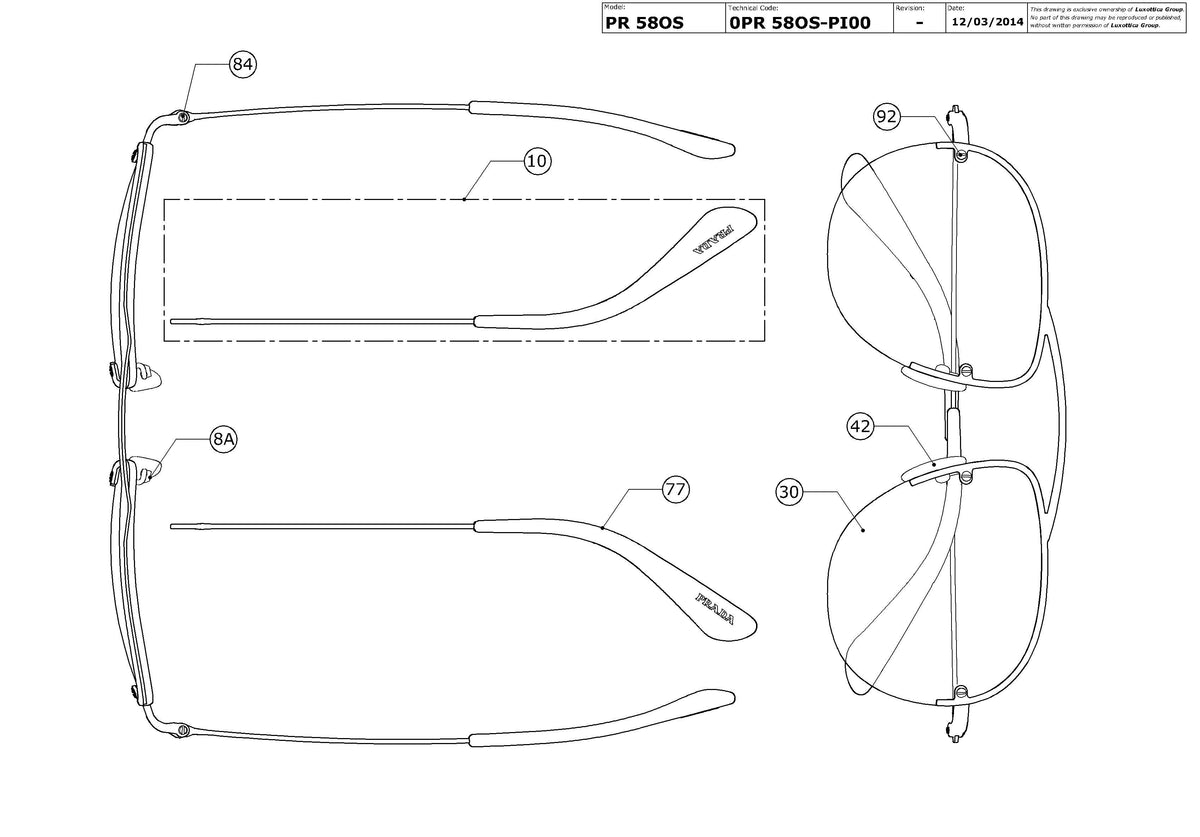 Exploded technical drawing of the Prada PR 58OS Replacement Parts, with each replacement part numbered