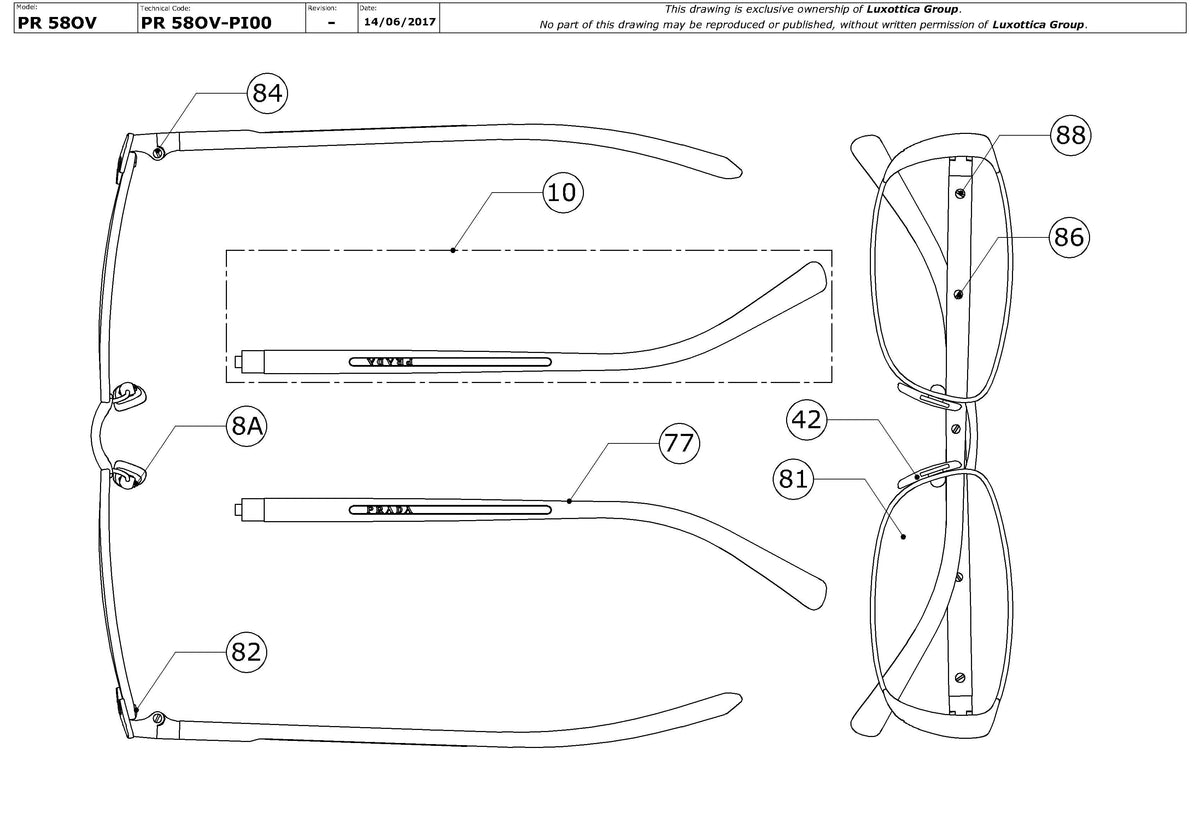 Exploded technical drawing of the Prada PR 58OV Glasses Replacement Parts, with each replacement part numbered