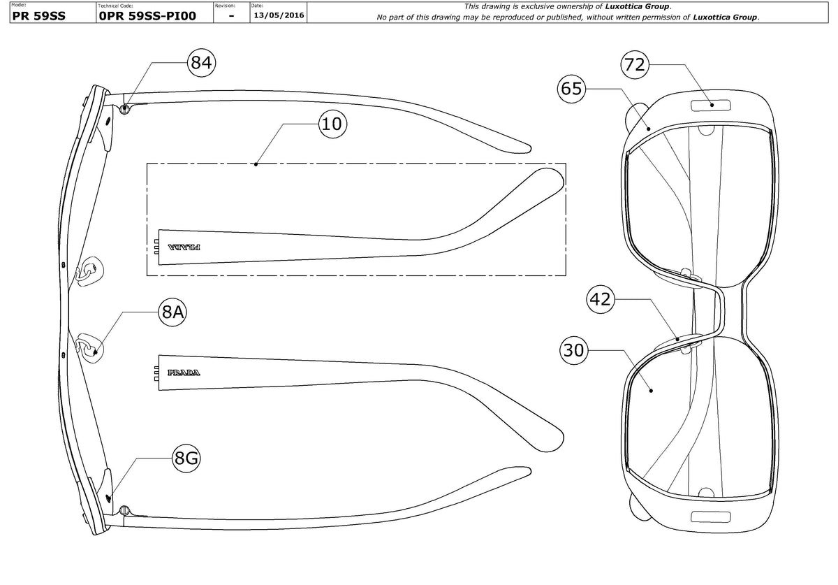 Exploded technical drawing of the Prada PR 59SS Replacement Parts, with each replacement part numbered