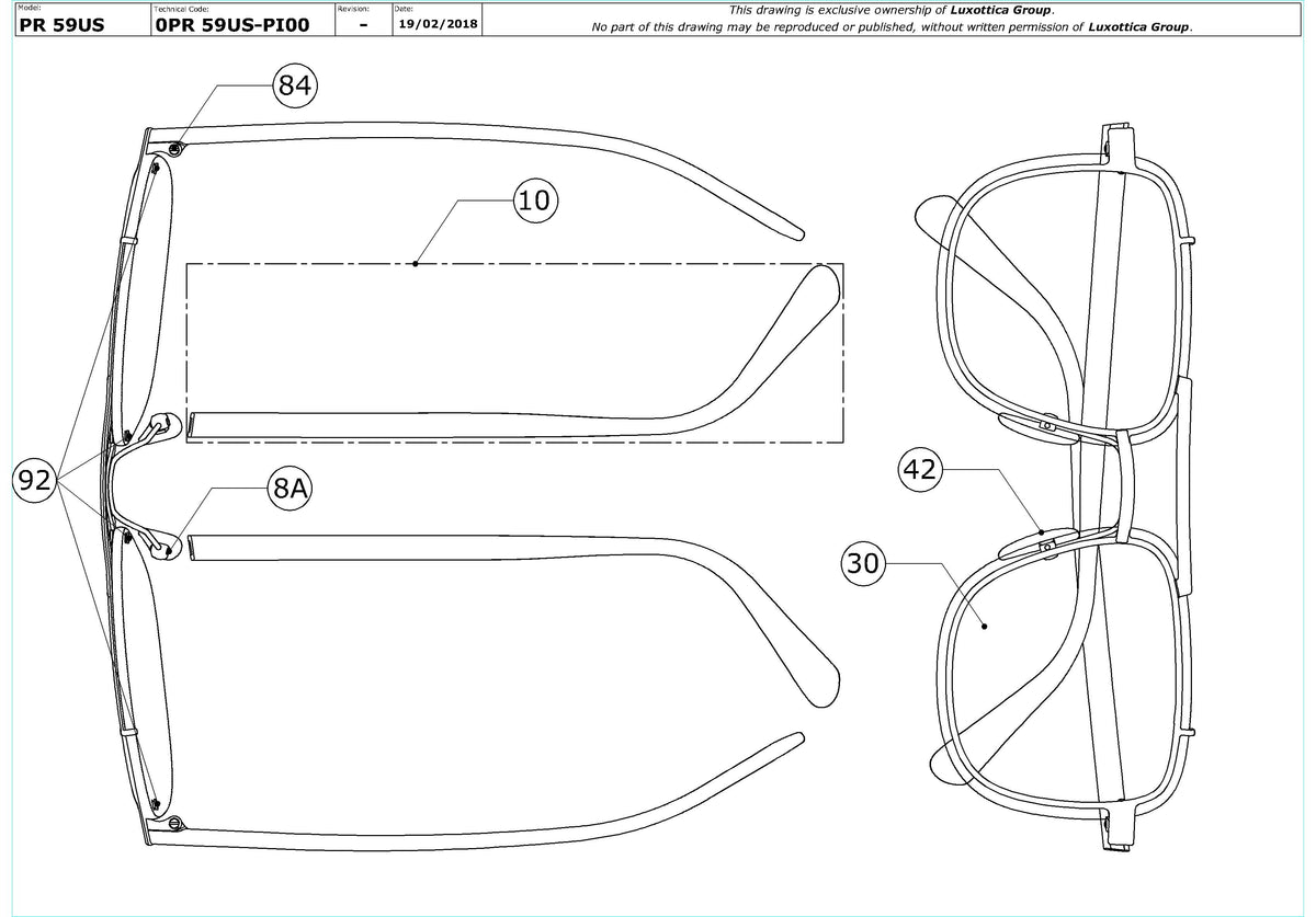 Enlarged technical drawing of the Prada PR 59US Replacement Parts