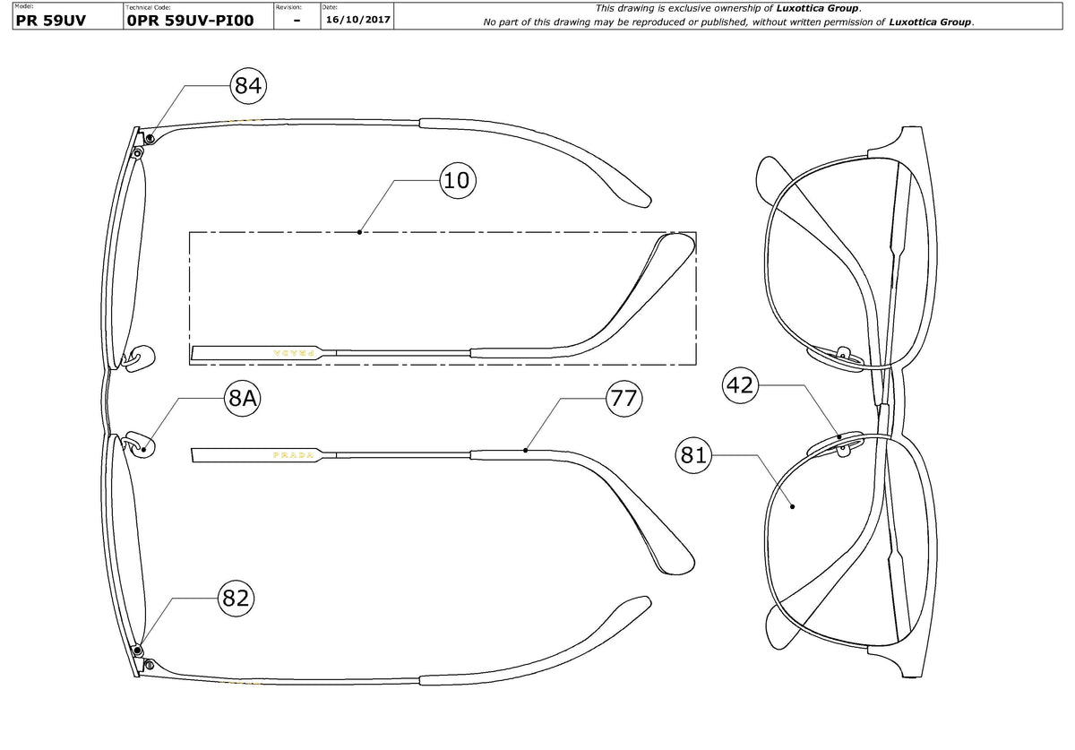 Enlarged technical drawing of the Prada PR 59UV Glasses Replacement Parts