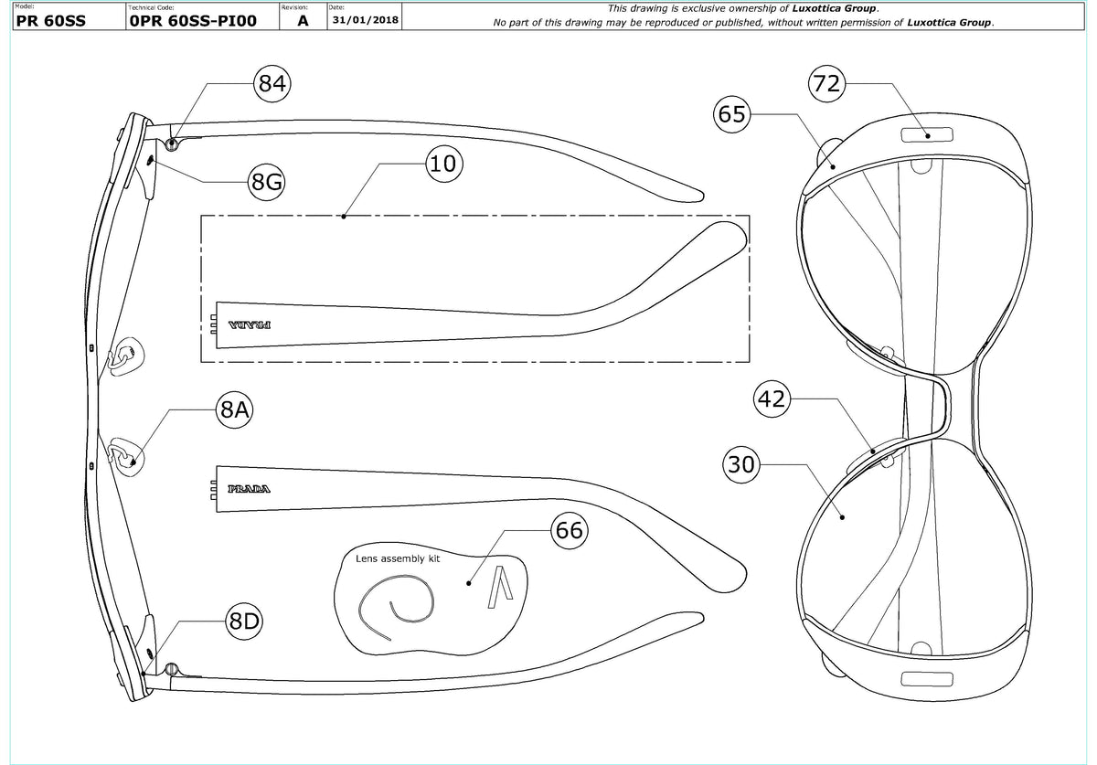 Exploded technical drawing of the Prada PR 60SS Replacement Parts, with each replacement part numbered