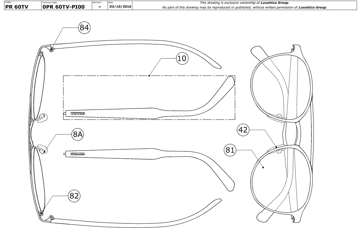 Enlarged technical drawing of the Prada PR 60TV Glasses Replacement Parts