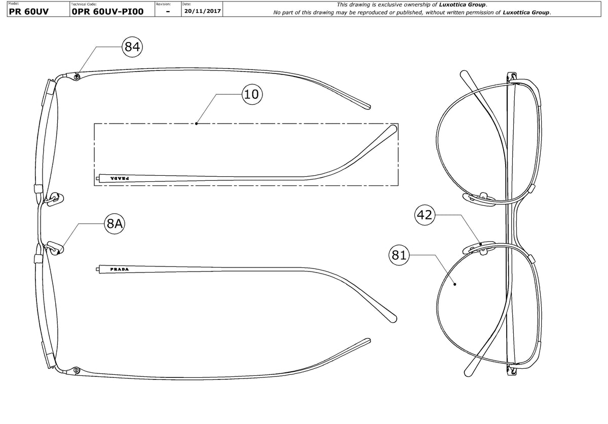 Exploded technical drawing of the Prada PR 60UV Glasses Replacement Parts, with each replacement part numbered